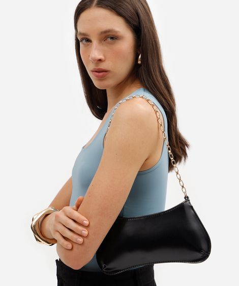 bolsa feminina shoulder baguete com alça de corrente preta