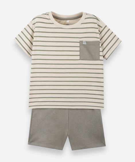 conjunto curto infantil de algodão listrado verde