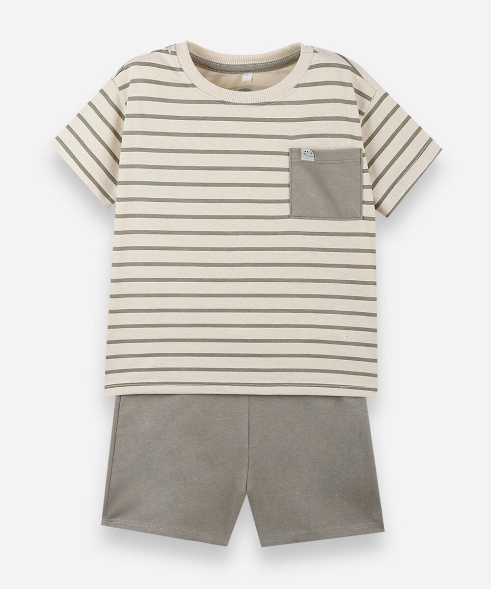 conjunto curto infantil de algodão listrado verde