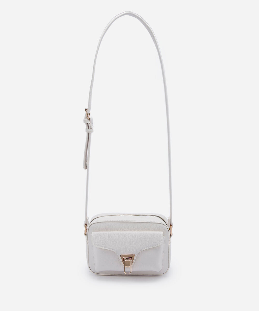 bolsa feminina crossbody texturizada com bolso frontal e fecho metálico off white