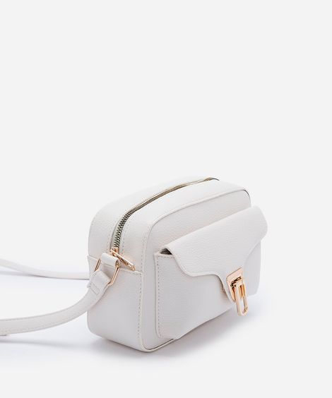 bolsa feminina crossbody texturizada com bolso frontal e fecho metálico off white
