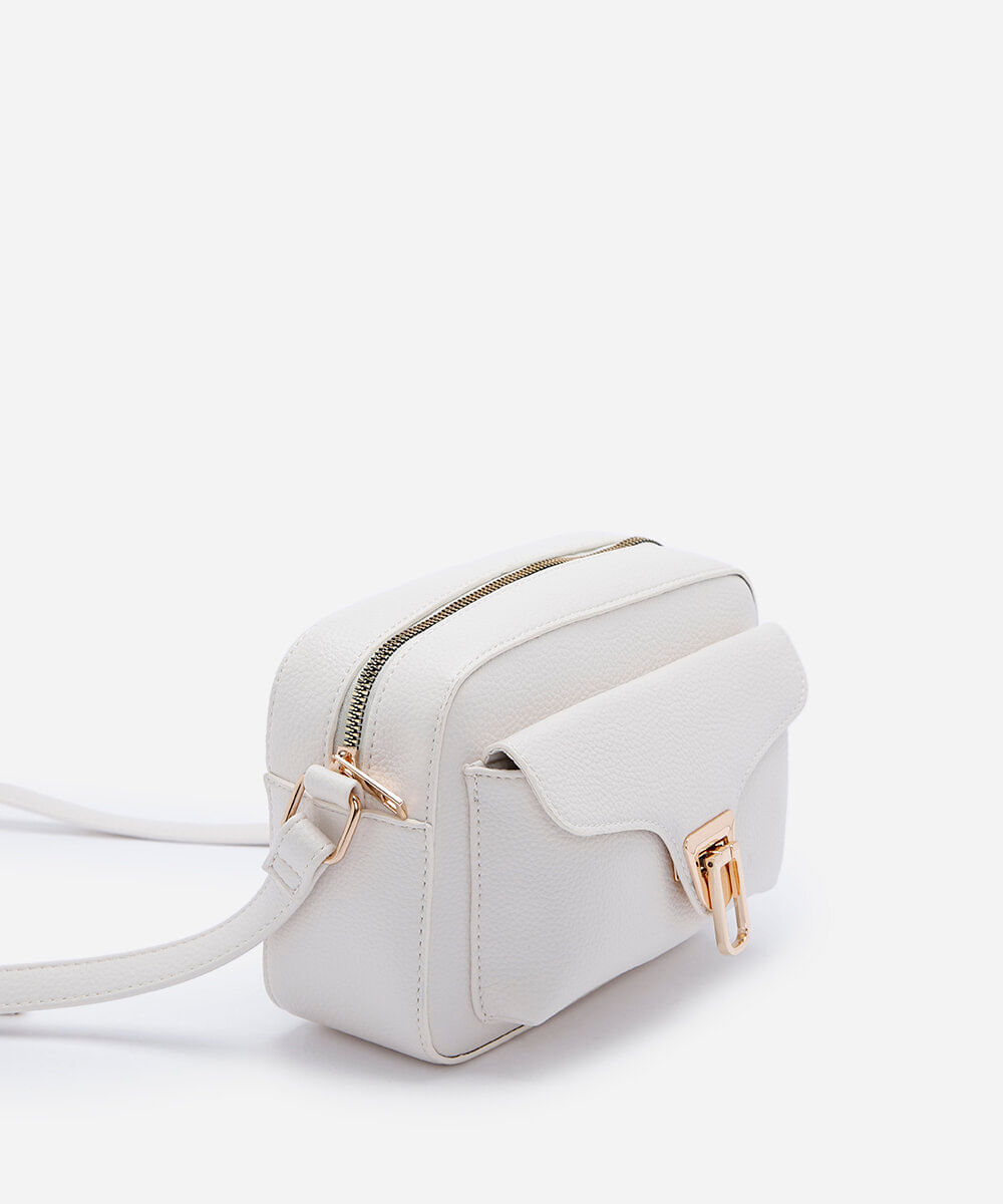 bolsa feminina crossbody texturizada com bolso frontal e fecho metálico off white