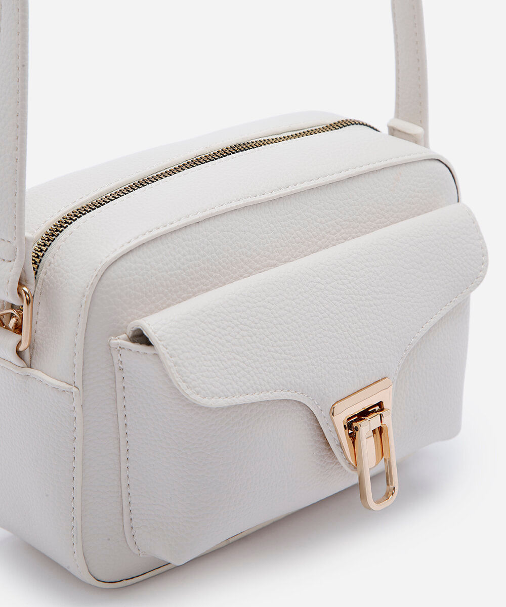 bolsa feminina crossbody texturizada com bolso frontal e fecho metálico off white