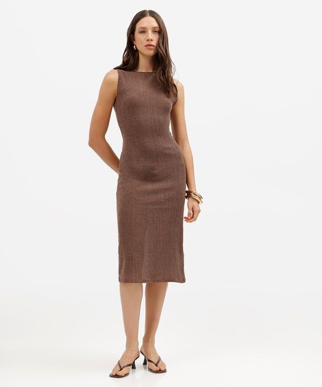 vestido midi feminino texturizado básico marrom