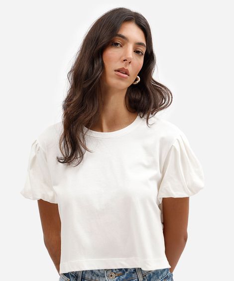 camiseta cropped feminina de algodão manga bufante off white