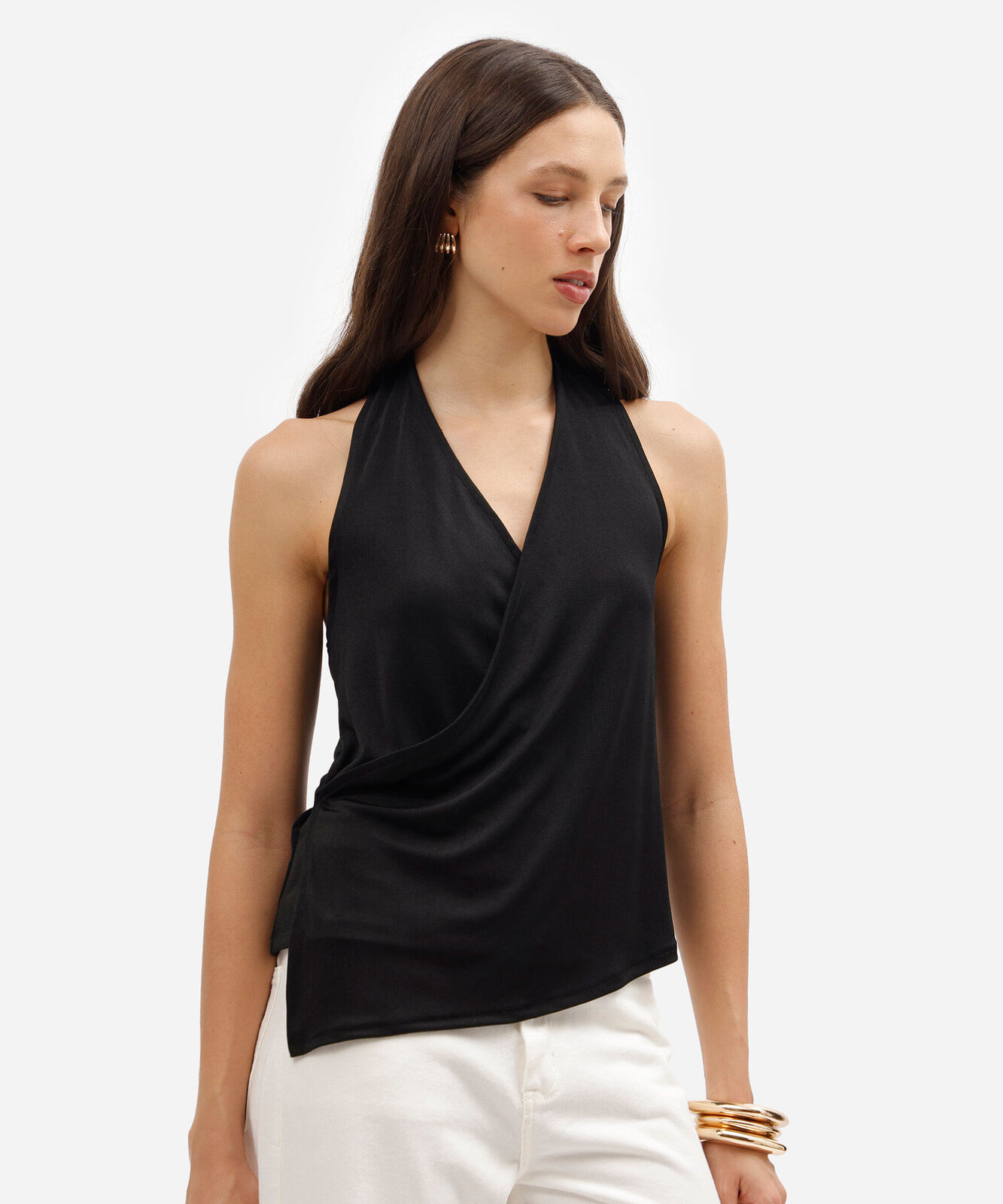blusa feminina frente única transpassada acetinada preta