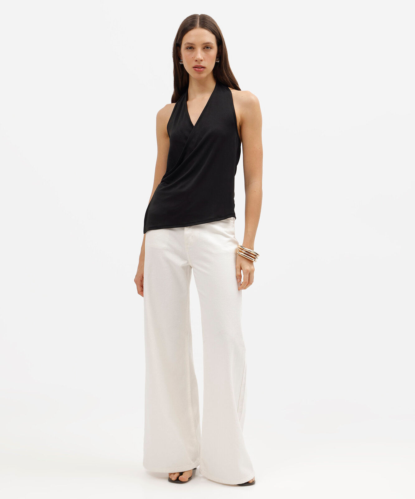 blusa feminina frente única transpassada acetinada preta
