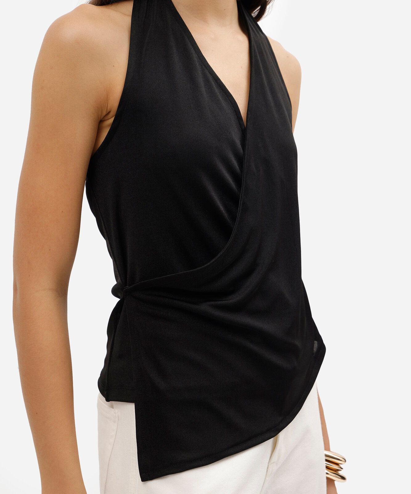 blusa feminina frente única transpassada acetinada preta