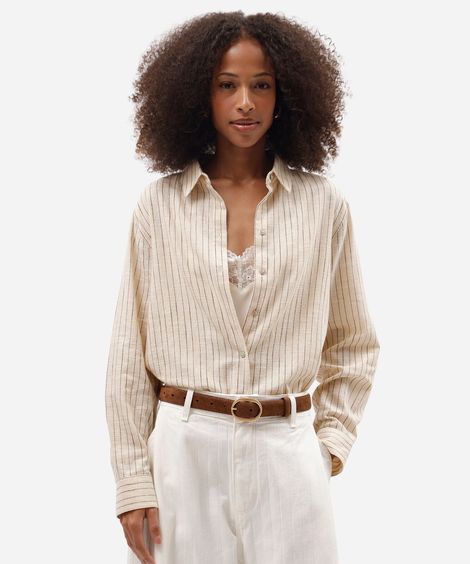 camisa feminina de algodão manga longa listrada amarela