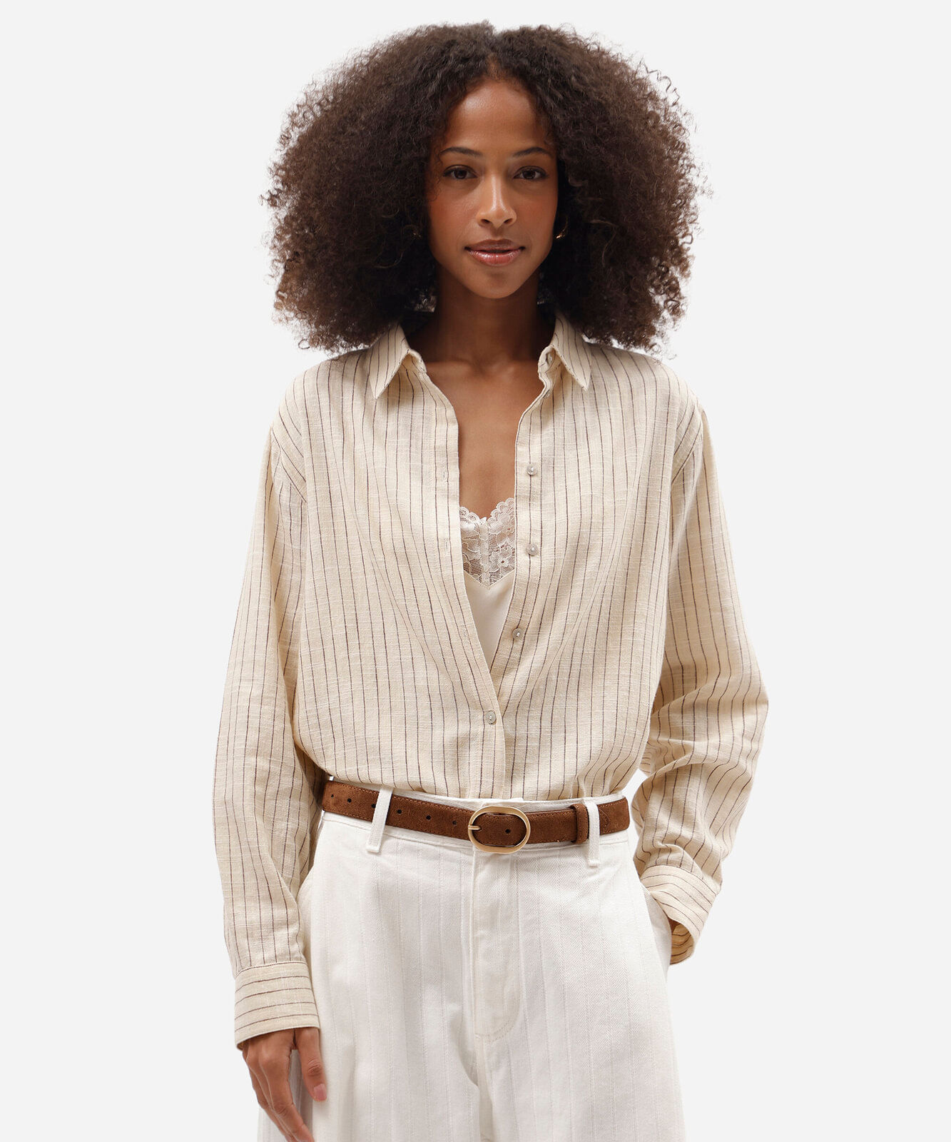 camisa feminina de algodão manga longa listrada amarela