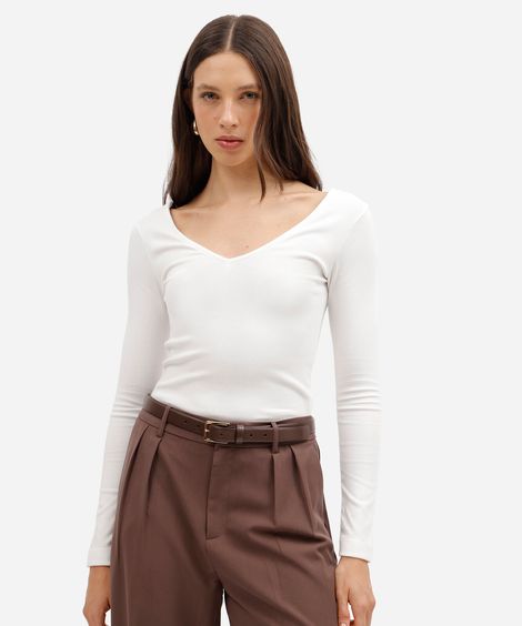 blusa feminina de algodão decote v manga longa off white