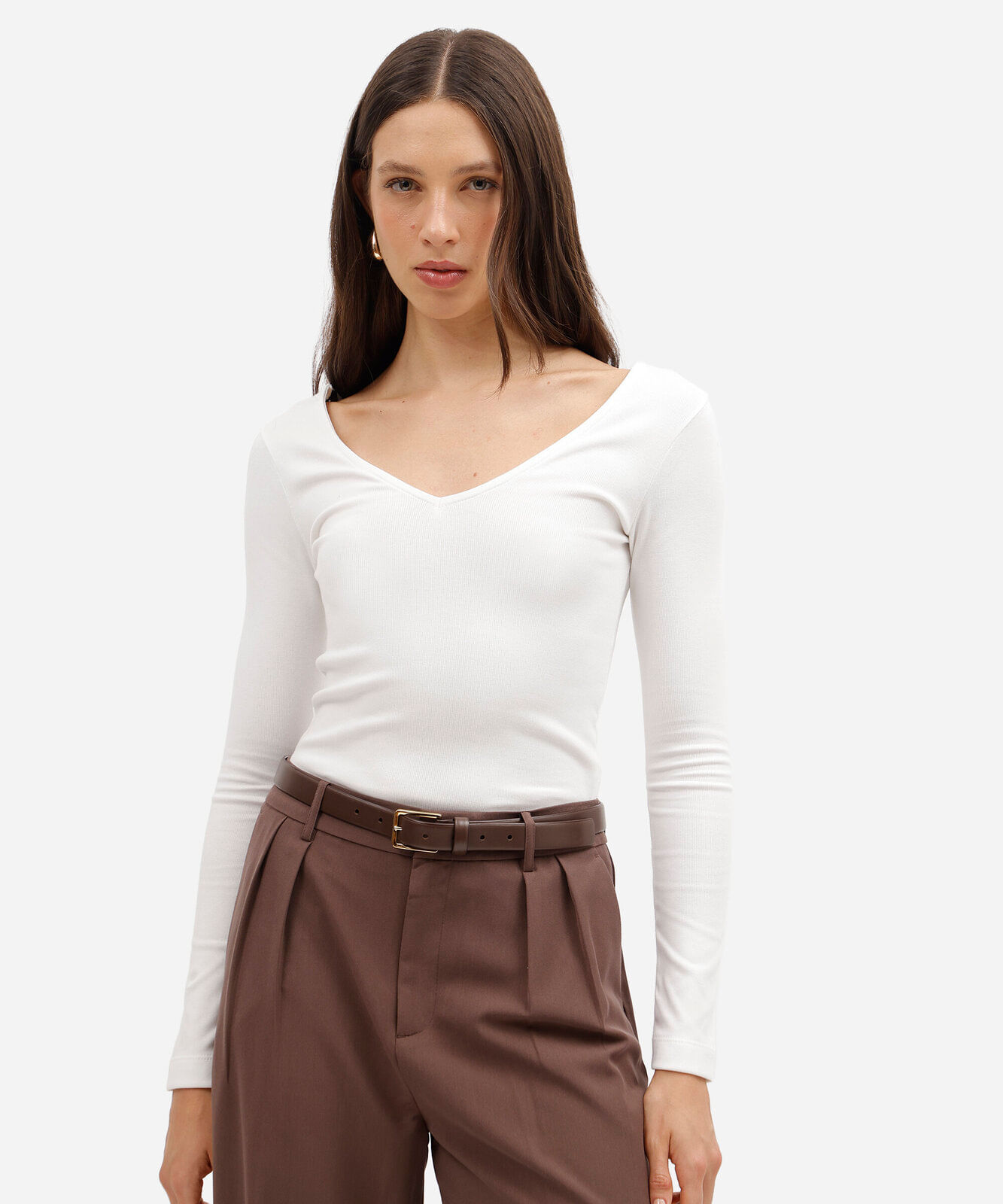 blusa feminina de algodão decote v manga longa off white