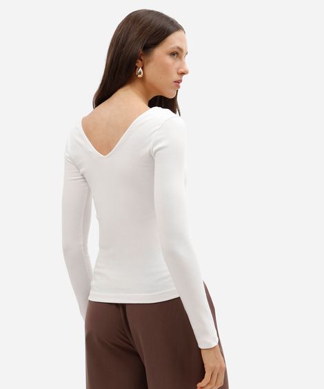 blusa feminina de algodão decote v manga longa off white