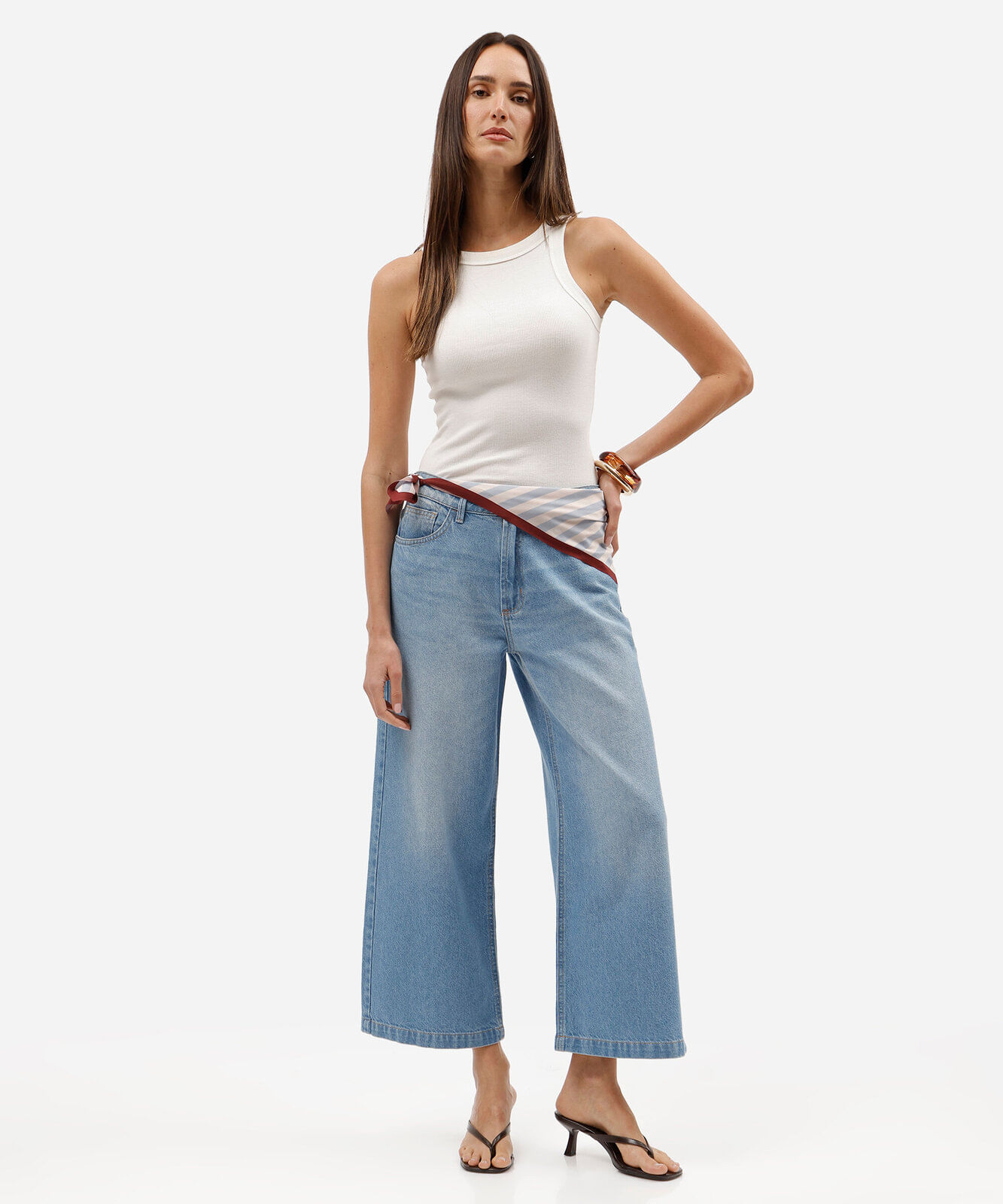calça wide leg cropped feminina jeans cintura alta com lenço azul
