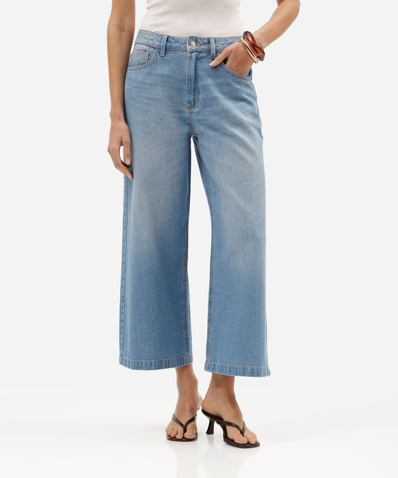calça wide leg cropped feminina jeans cintura alta com lenço azul