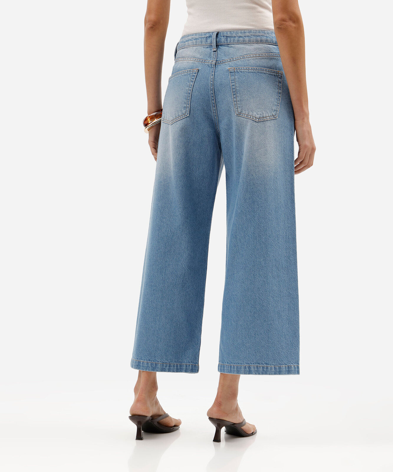 calça wide leg cropped feminina jeans cintura alta com lenço azul