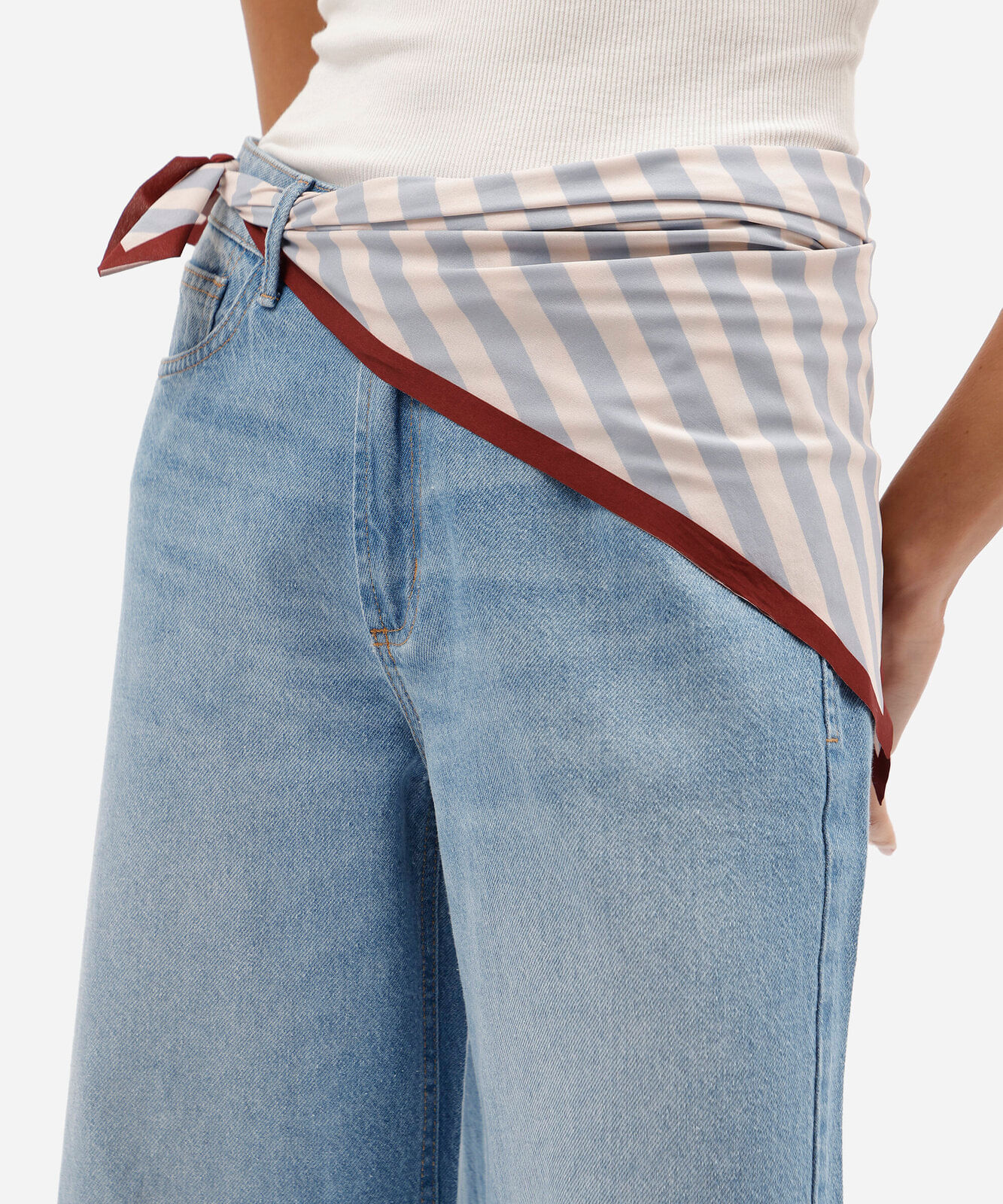 calça wide leg cropped feminina jeans cintura alta com lenço azul