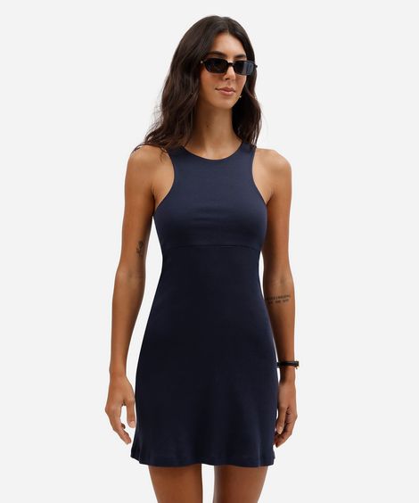 vestido curto feminino de algodão decote halterneck básico azul
