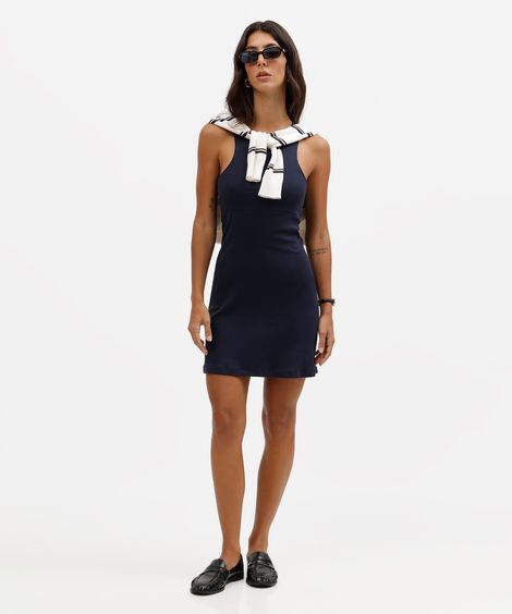 vestido curto feminino de algodão decote halterneck básico azul