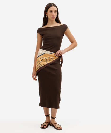 vestido midi feminino de algodão decote canoa canelado marrom