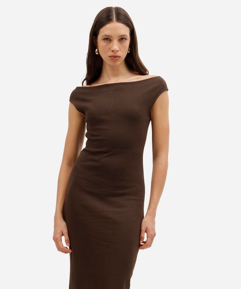 vestido midi feminino de algodão decote canoa canelado marrom
