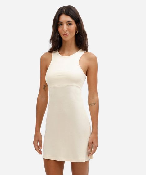 vestido curto feminino de algodão decote halterneck básico bege