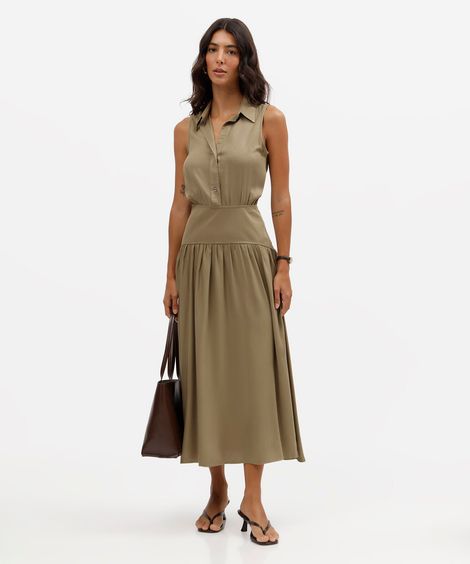 vestido midi chemise feminino de viscose com recorte verde