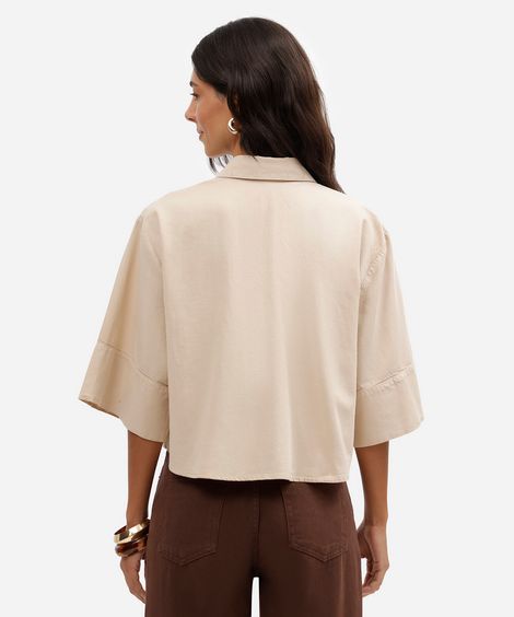 camisa feminina com liocel manga curta bege