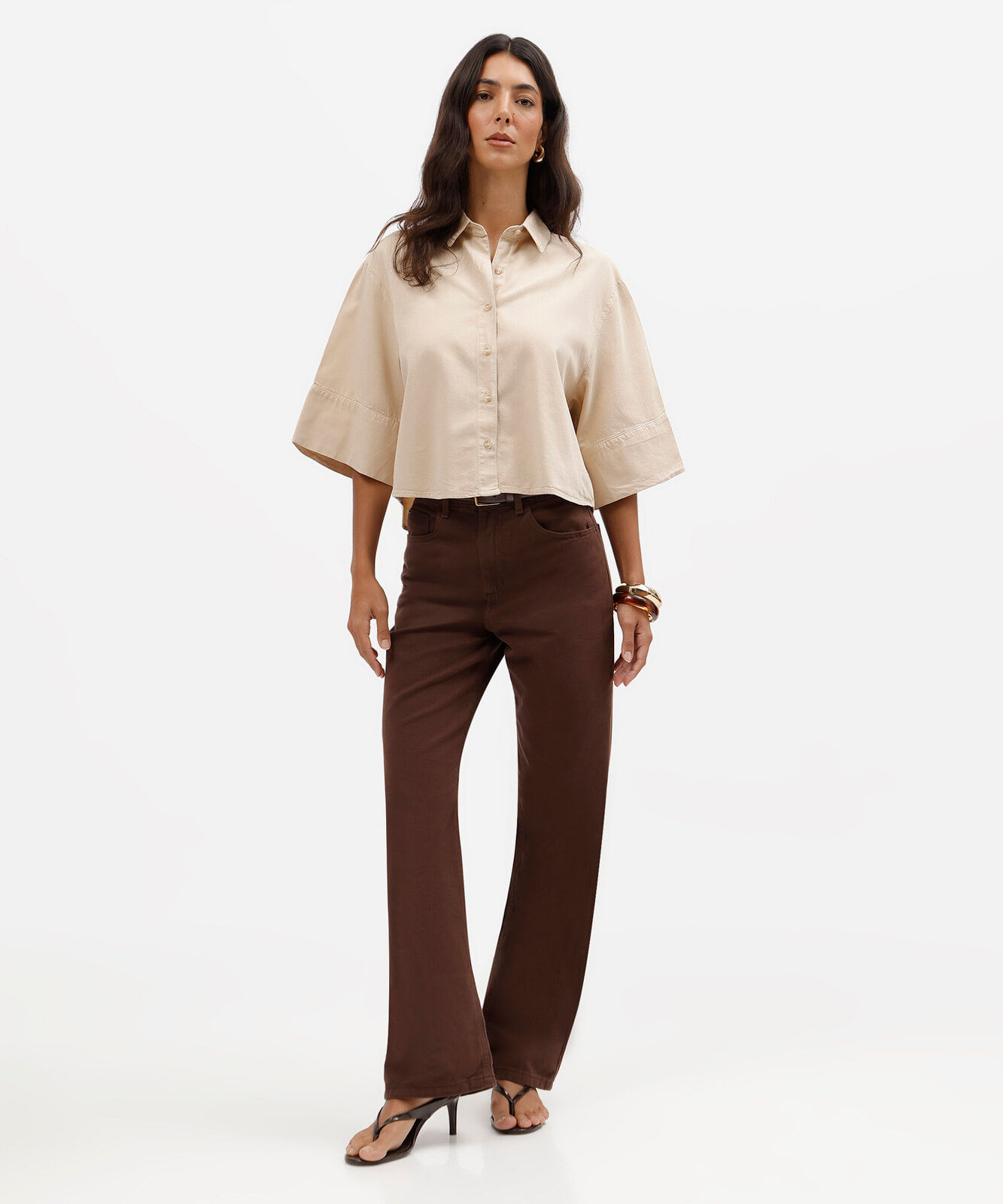 camisa feminina com liocel manga curta bege