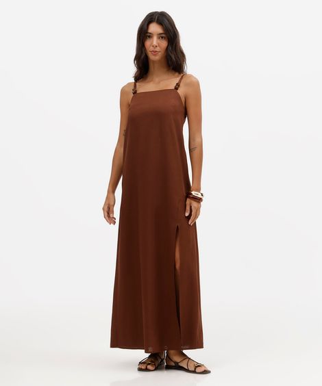 vestido longo feminino com linho e fenda marrom