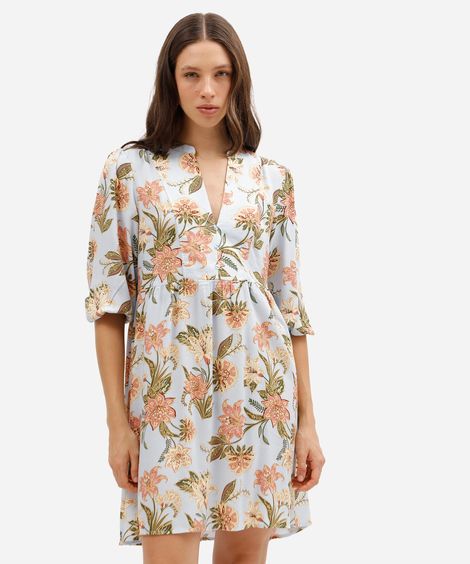 vestido curto feminino de viscose decote v floral azul