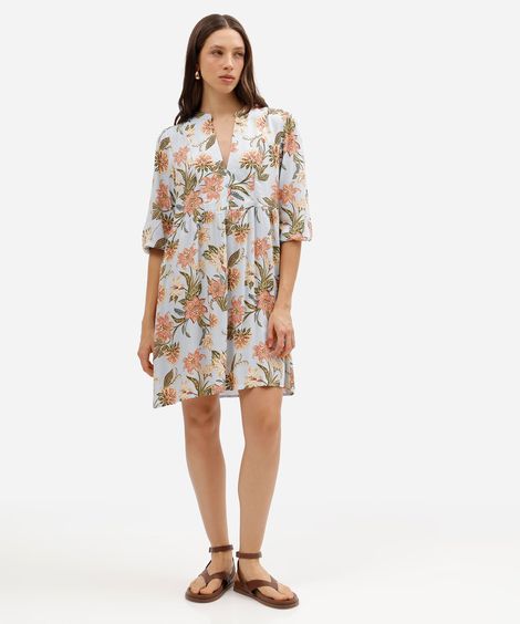 vestido curto feminino de viscose decote v floral azul