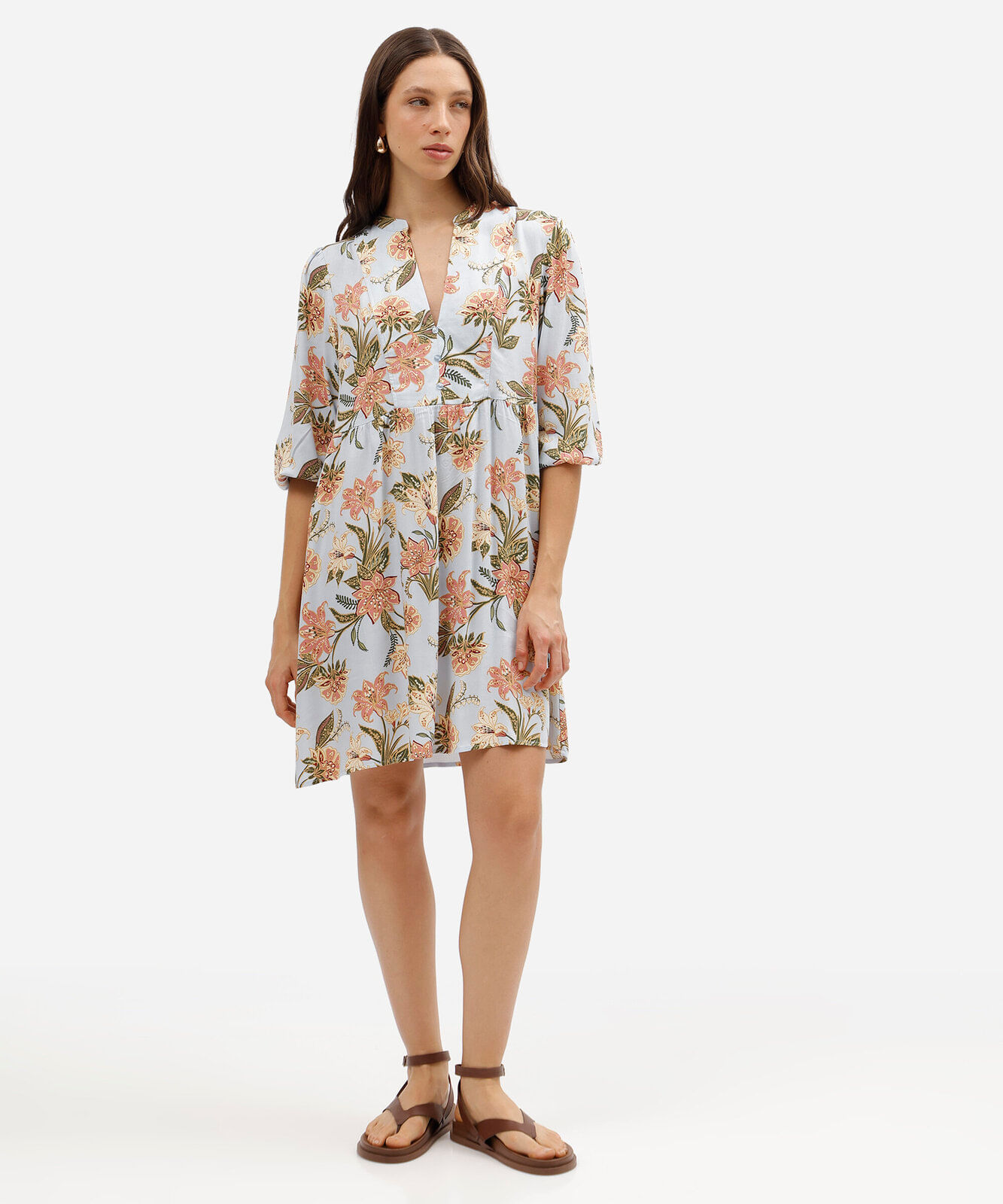 vestido curto feminino de viscose decote v floral azul