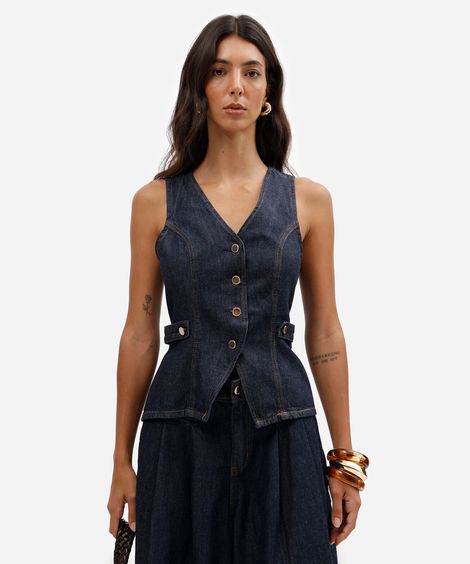 colete acinturado feminino jeans decote v azul