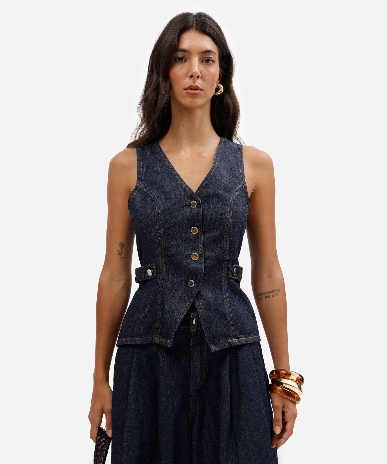 colete acinturado feminino jeans decote v azul