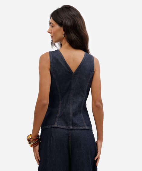 colete acinturado feminino jeans decote v azul