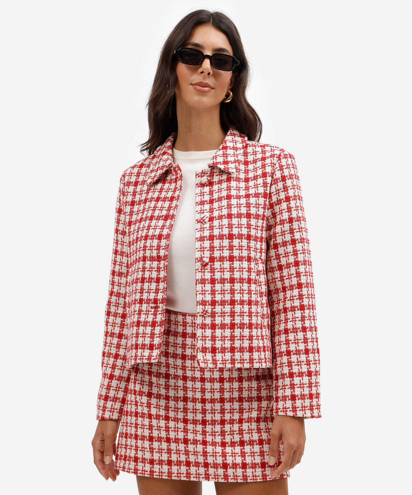 casaco feminino de tweed xadrez vermelho