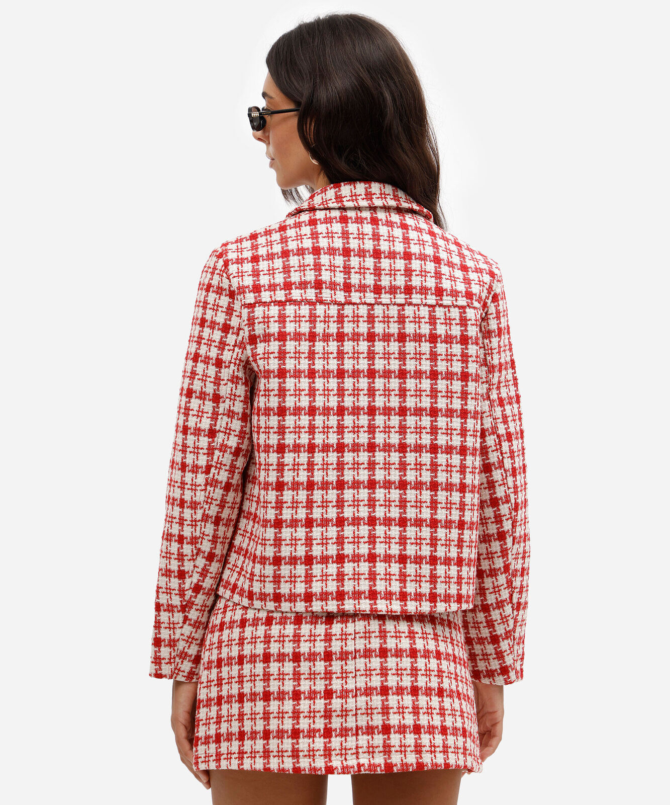 casaco feminino de tweed xadrez vermelho
