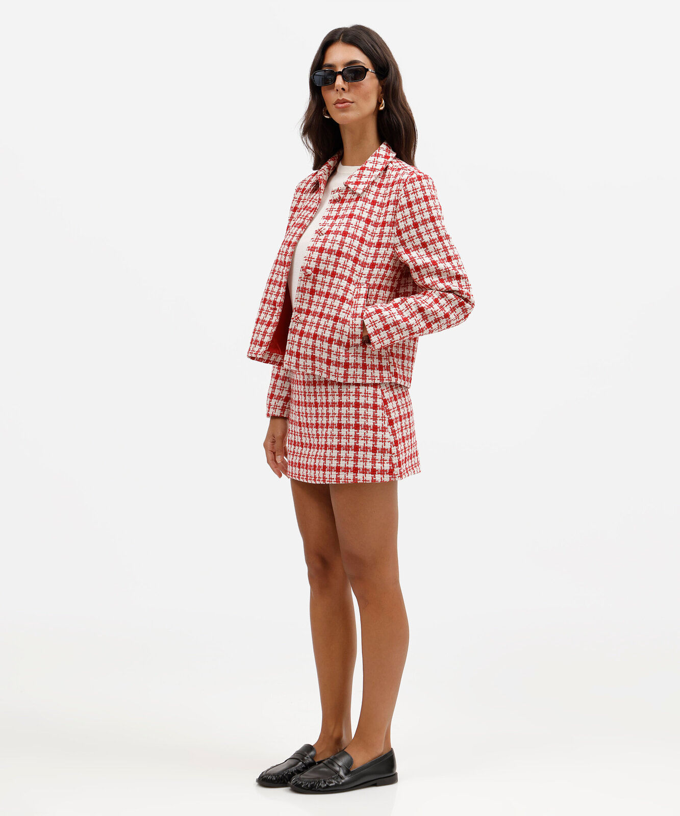 casaco feminino de tweed xadrez vermelho