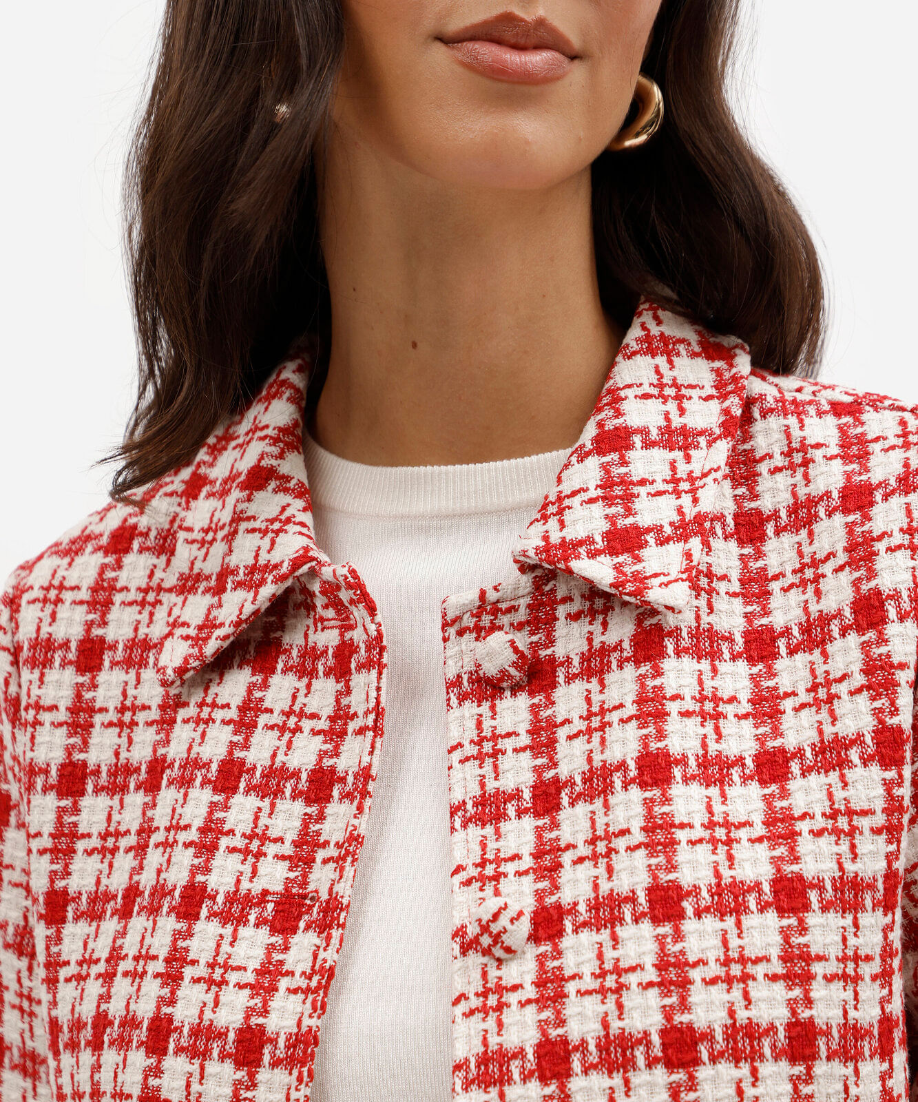 casaco feminino de tweed xadrez vermelho