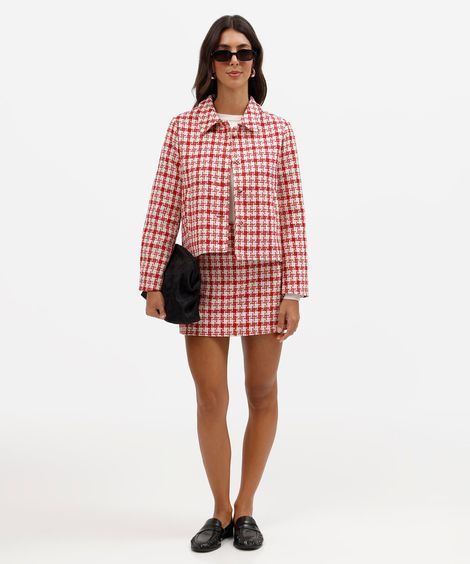 minissaia feminina de tweed xadrez vermelha