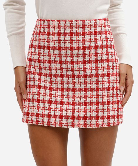 minissaia feminina de tweed xadrez vermelha