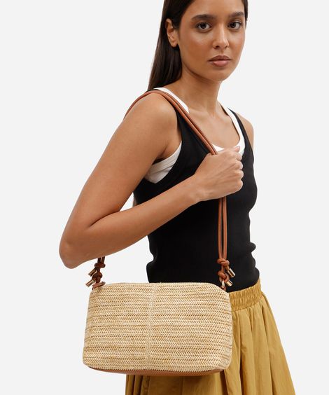 bolsa feminina crossbody de palha tramado bege