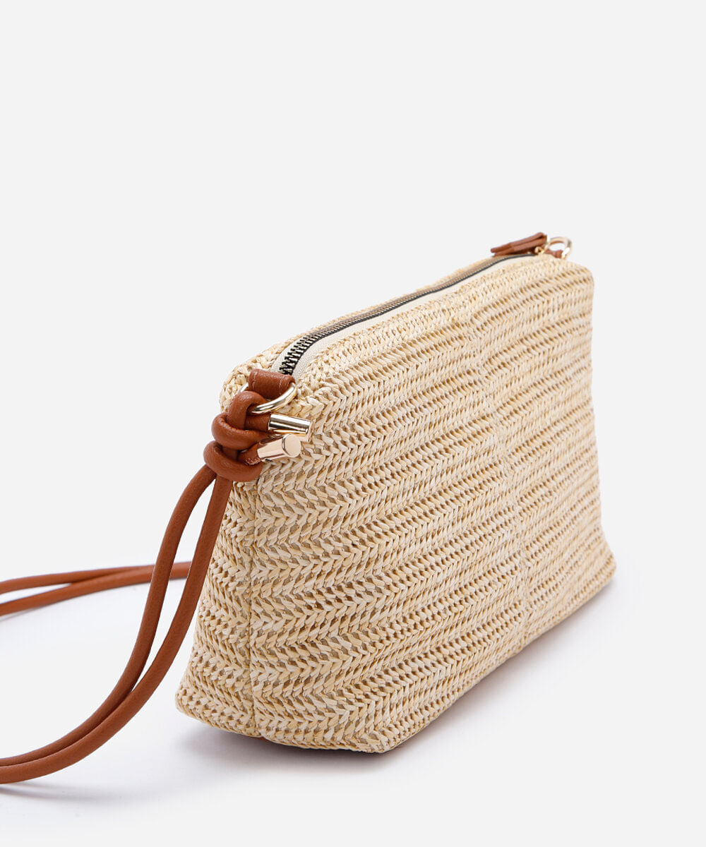 bolsa feminina crossbody de palha tramado bege