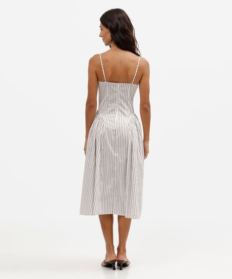 vestido midi feminino de algodão alça fina com recorte listrado  off white