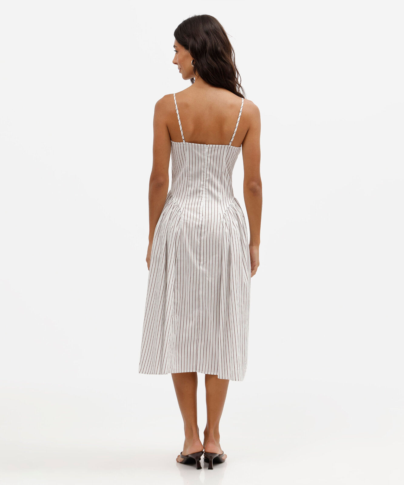vestido midi feminino de algodão alça fina com recorte listrado  off white