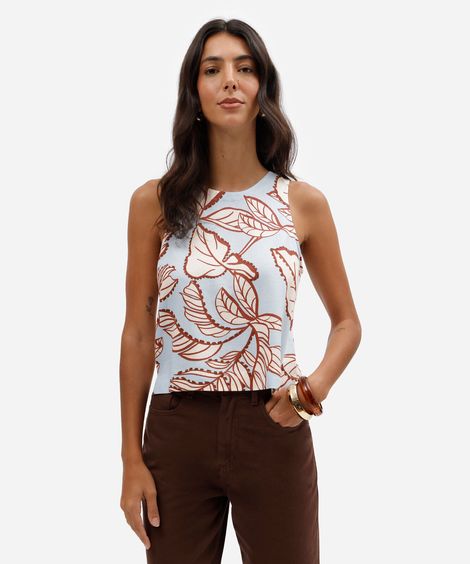 regata cropped feminina com linho folhagens azul