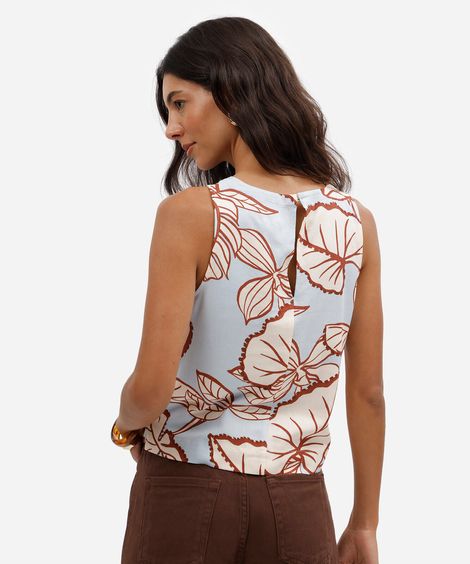 regata cropped feminina com linho folhagens azul