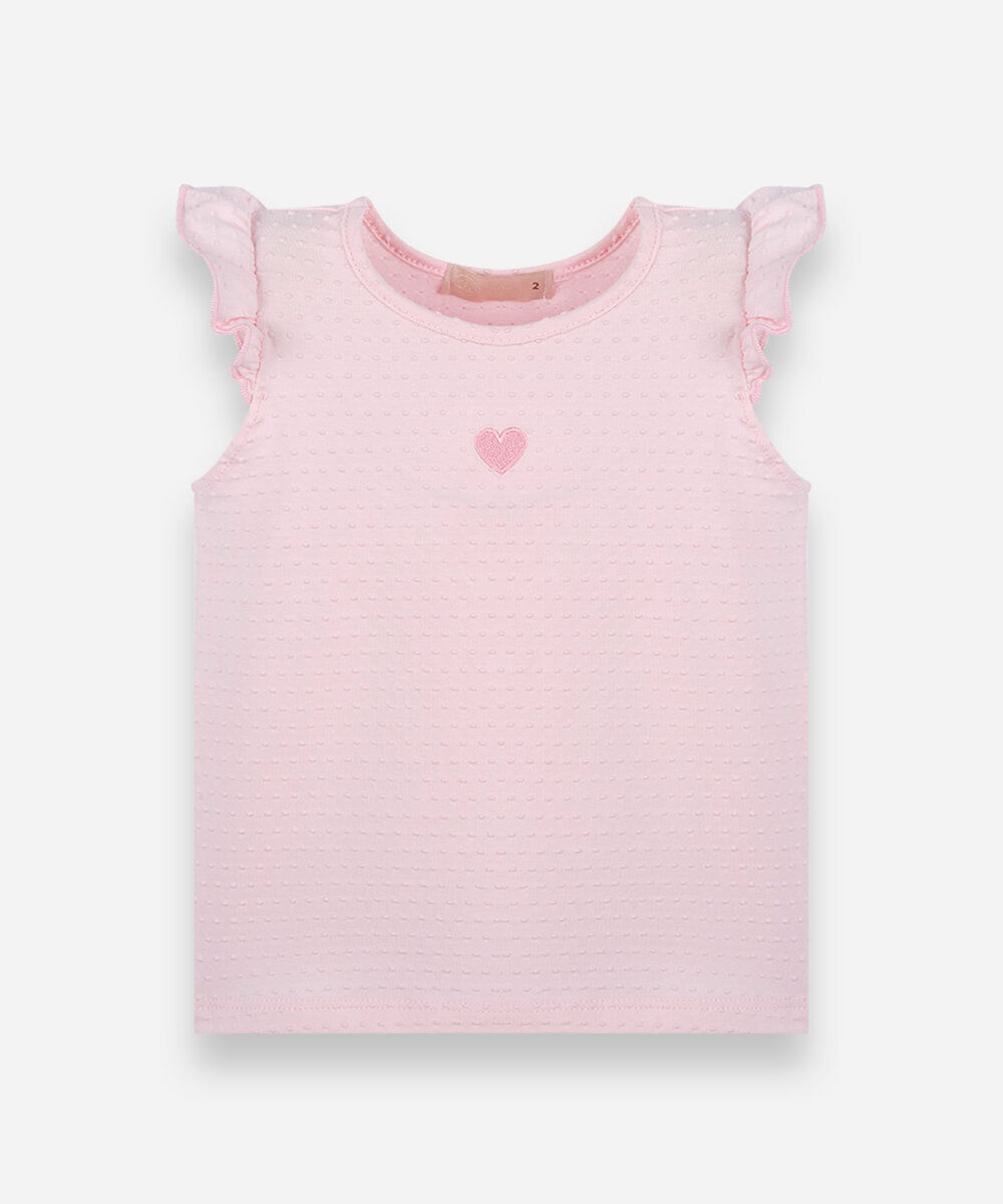 blusa infantil de algodão com bordado e babado texturizada rosa
