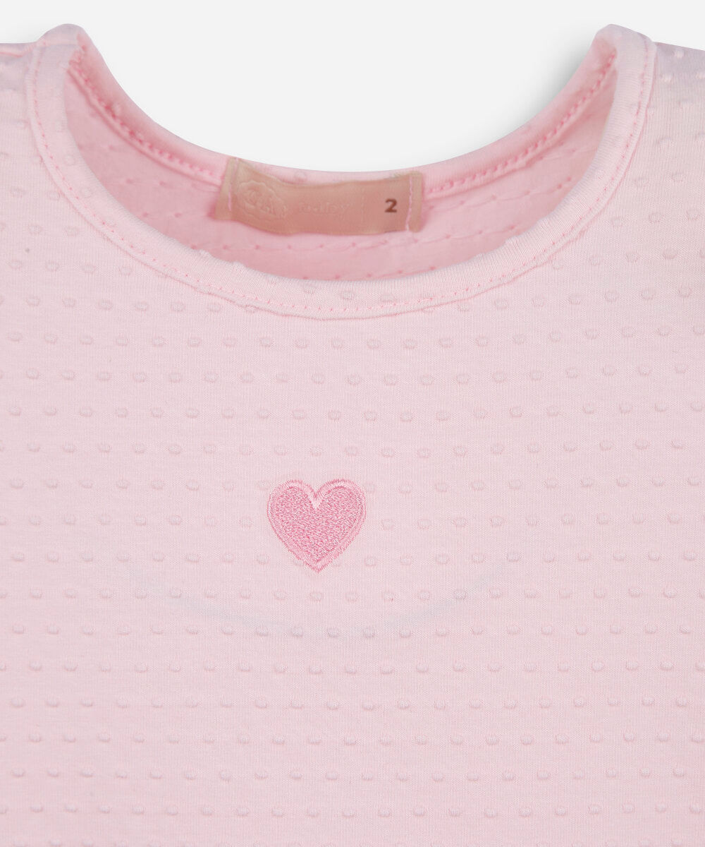 blusa infantil de algodão com bordado e babado texturizada rosa